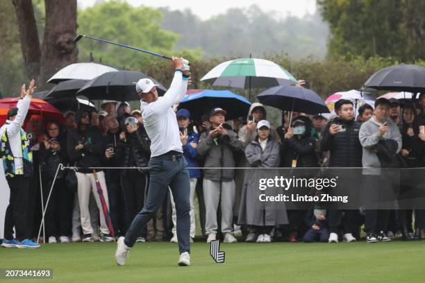 Henrik Stenson of MAJESTICKS GC play a shot on the 6th hole during day one of the LIV Golf Invitational - Hong Kong at The Hong Kong Golf Club on...