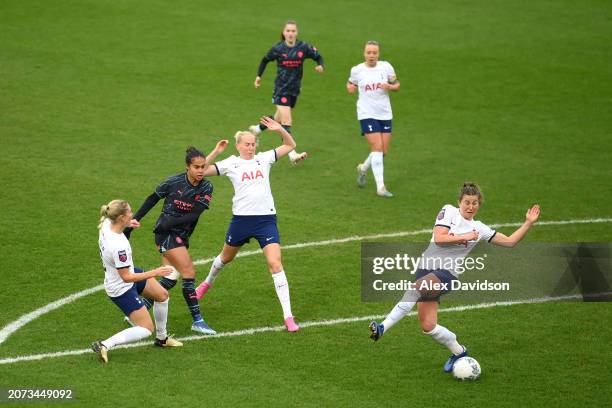 Mary Fowler of Manchester City scores her team's first goal during the Adobe Women's FA Cup Quarter Final match between at Brisbane Road on March 10,...