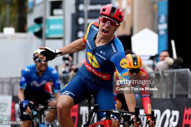 Jonathan Milan of Italy and Team Lidl-Trek celebrates at finish line as stage winner during the 59th Tirreno-Adriatico 2024, Stage 7 a 154km stage...