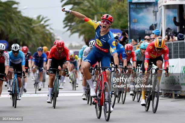 Jonathan Milan of Italy and Team Lidl-Trek celebrates at finish line as stage winner during the 59th Tirreno-Adriatico 2024, Stage 7 a 154km stage...