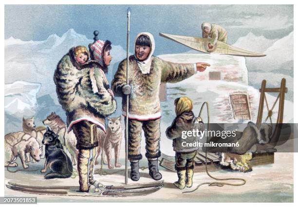 old chromolithograph illustration of ethnology, esquimaux family - fashion stock illustrations stock pictures, royalty-free photos & images