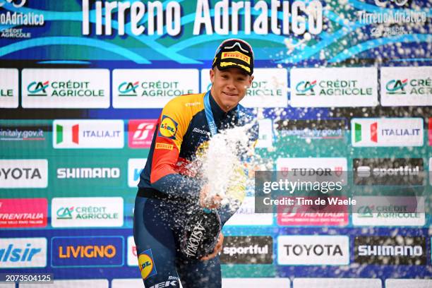 Jonathan Milan of Italy and Team Lidl-Trek celebrates at podium as stage winner during the 59th Tirreno-Adriatico 2024, Stage 7 a 154km stage from...