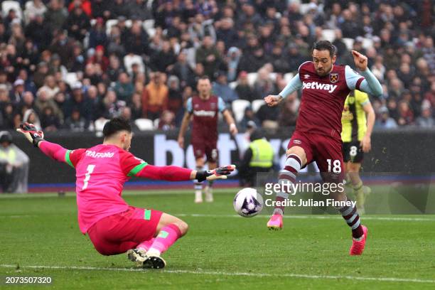 Danny Ings of West Ham United scores a goal past James Trafford of Burnley which is later ruled out for offside during the Premier League match...