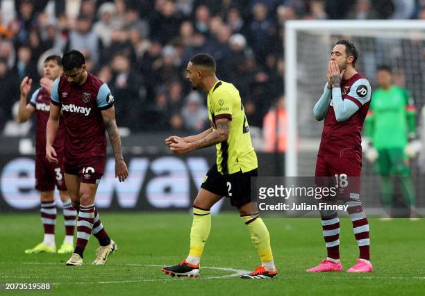 Danny Ings of West Ham United looks dejected after he has a goal ruled out for offside during the Premier League match between West Ham United and...
