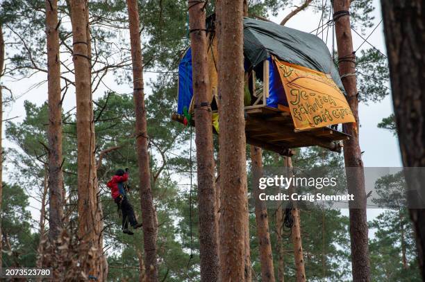 Climate activists climbs a tree at the forest camp set up as protest against the expansion of the Tesla electric car factory on March 10, 2024 at...