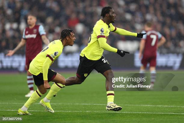 Datro Fofana of Burnley celebrates scoring his team's first goal during the Premier League match between West Ham United and Burnley FC at the London...