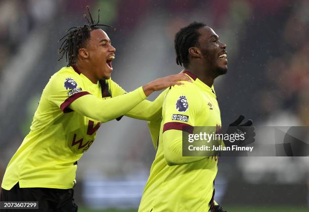 Datro Fofana of Burnley celebrates scoring his team's first goal during the Premier League match between West Ham United and Burnley FC at the London...