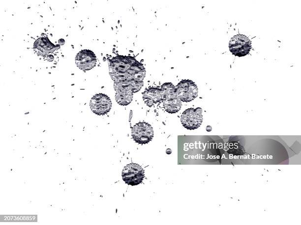relief of a drops of silver colored metallic liquid sliding on a white background.. - acrylic painting stock pictures, royalty-free photos & images
