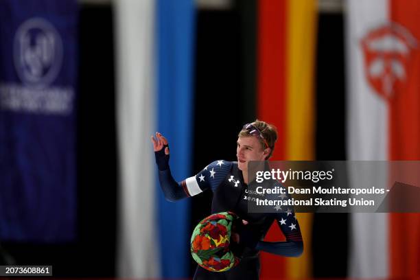 Jordan Stolz of USA celebrates after winning the Men AllRound Championship during the ISU World Speed Skating Allround and Sprint Championships at...