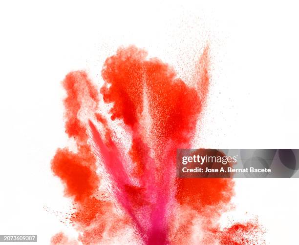 multiple explosions of red smoke and dust in upward motion on a white background. - detonator stock pictures, royalty-free photos & images