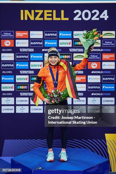 Joy Beune of Netherlands poses in the Women's Allround overall classification medal ceremony at Max Aicher Arena on March 10, 2024 in Inzell, Germany.