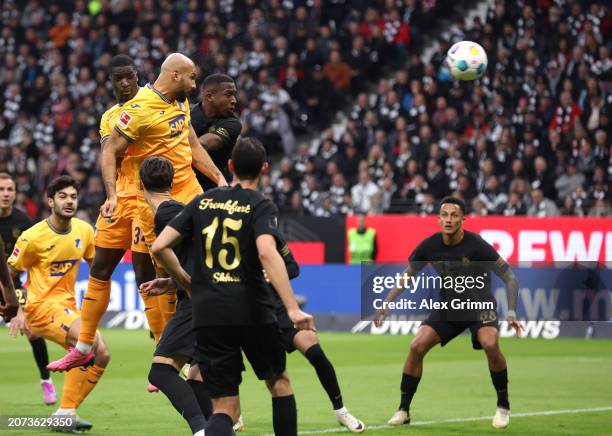 John Brooks of TSG 1899 Hoffenheim scores his team's first goal during the Bundesliga match between Eintracht Frankfurt and TSG Hoffenheim at...