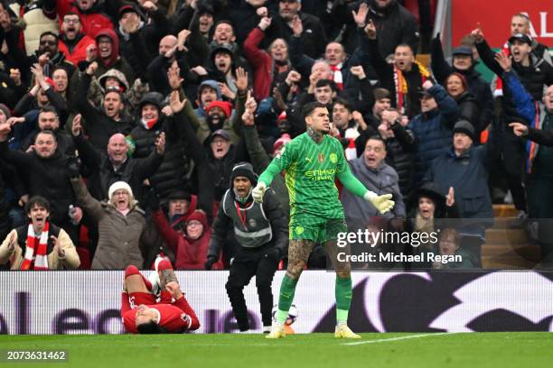 Ederson of Manchester City reacts as a penalty kick is awarded to Liverpool following his foul on Darwin Nunez of Liverpool during the Premier League...