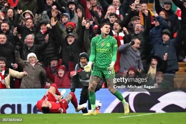 Ederson of Manchester City reacts as a penalty kick is awarded to Liverpool following his foul on Darwin Nunez of Liverpool during the Premier League...