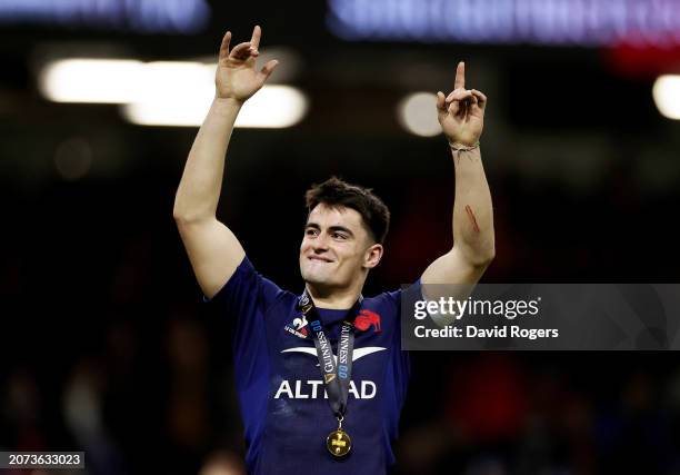Nolann Le Garrec of France celebrates at full-time following the team's victory in the Guinness Six Nations 2024 match between Wales and France at...