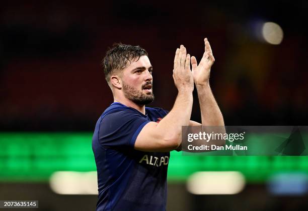 Gregory Alldritt of France applauds the fans at full-time following the team's victory in the Guinness Six Nations 2024 match between Wales and...