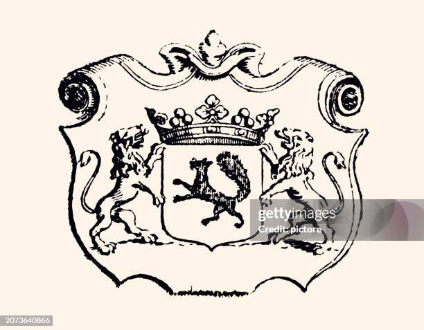 the coat of arms of nicolas fouquet, with the symbol of the squirrel, protected by two lions, and the crown of france (xxxl) - etching stock illustrations