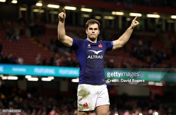 Damian Penaud of France celebrates at full-time following the team's victory in the Guinness Six Nations 2024 match between Wales and France at the...