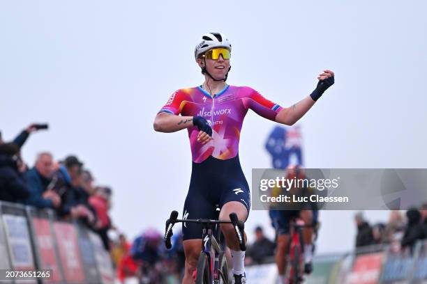 Lorena Wiebes of The Netherlands and Team SD Worx - Protime celebrates at finish line as race winner during the 17th Miron Women's WorldTour Ronde...