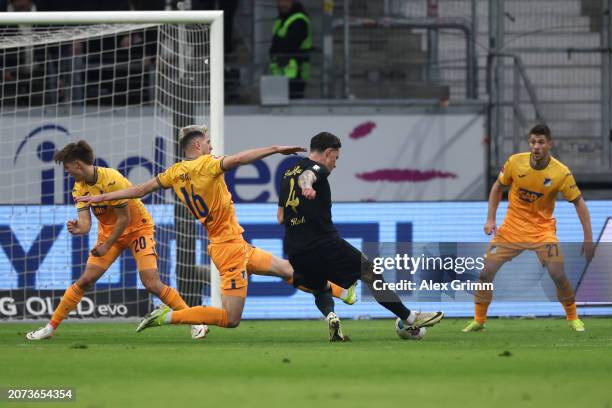 Robin Koch of Eintracht Frankfurt scores his team's first goal during the Bundesliga match between Eintracht Frankfurt and TSG Hoffenheim at Deutsche...