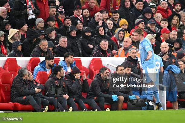 Kevin De Bruyne of Manchester City reacts towards the Manchester City bench after being substituted during the Premier League match between Liverpool...