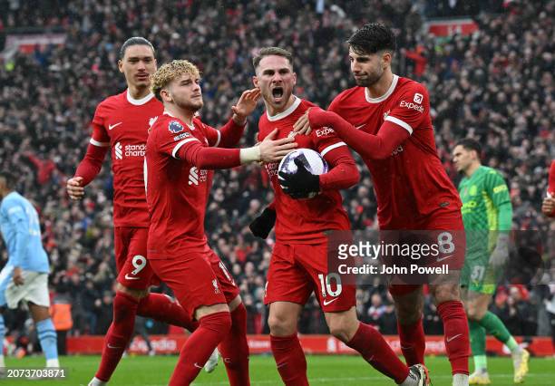 Alexis Mac Allister of Liverpool celebrates after scoring the first Liverpool goal during the Premier League match between Liverpool FC and...