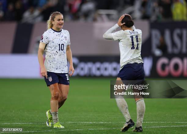 Lindsey Horan of United States celebrates a goal from Sophia Smith, to take a 2-1 lead over Canada, during a win over Canada in the Semifinals 2024...