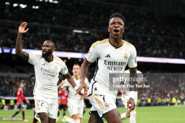 Vinicius Junior of Real Madrid CF celebrates after scoring the team's first goal during the LaLiga EA Sports match between Real Madrid CF and Celta...