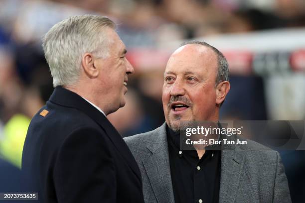 Rafa Benitez, Head Coach of RC Celta during interacts with Carlo Ancelotti, head coach of Real Madrid CF prior to the LaLiga EA Sports match between...