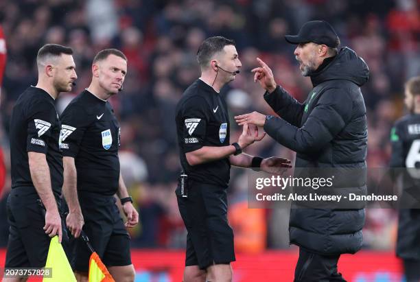 Jurgen Klopp the manager of Liverpool FC argues with referee Michael Oliver after the Premier League match between Liverpool FC and Manchester City...