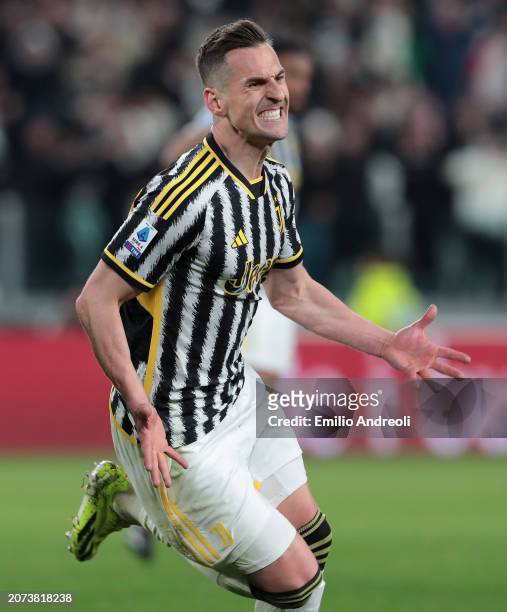 Arkadiusz Milik of Juventus celebrates after scoring the team's second goal during the Serie A TIM match between Juventus and Atalanta BC at Allianz...
