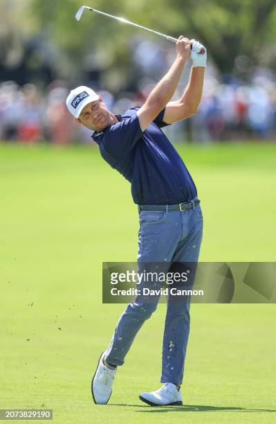 Harris English of The United States plays his second shot on the first hole during the final round of the Arnold Palmer Invitational presented by...