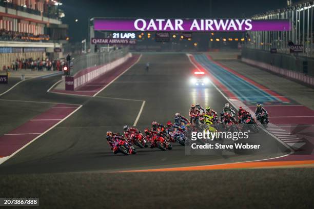 Jorge Martin of Spain and Prima Pramac Racing leads the race after the start during the Race of the MotoGP Qatar Airways Grand Prix of Qatar at...