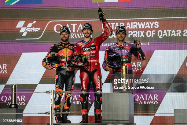 Francesco Bagnaia of Italy and Ducati Lenovo Team , Brad Binder of South Africa and Red Bull KTM Factory Racing and Jorge Martin of Spain and Prima...