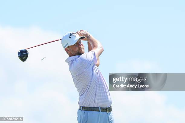 Brice Garnett of the United States plays his shot from the ninth tee during the final round of the Puerto Rico Open at Grand Reserve Golf Club on...