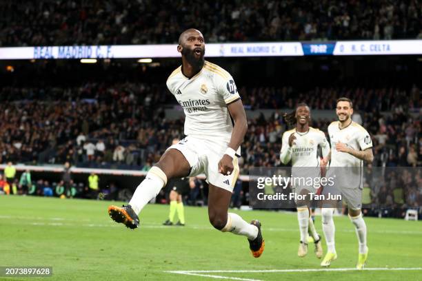 Antonio Rudiger of Real Madrid CF celebrates after scoring the team's second goal during the LaLiga EA Sports match between Real Madrid CF and Celta...