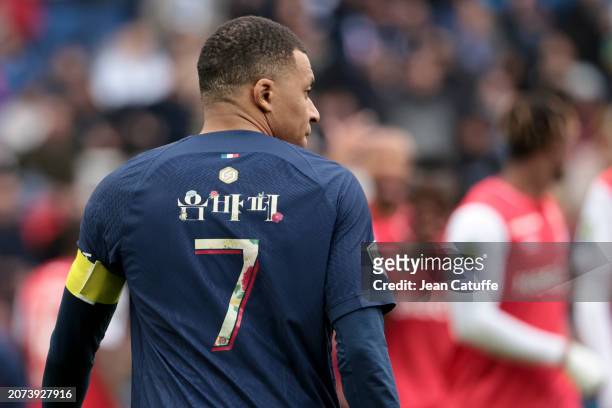 Kylian Mbappe of PSG - wearing a jersey with his name in south-korean - in action during the Ligue 1 Uber Eats match between Paris Saint-Germain and...