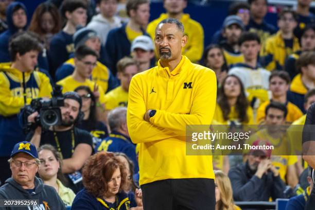 Head Basketball Coach Juwan Howard of the Michigan Wolverines watches a play during the second half of a college basketball game against the Nebraska...