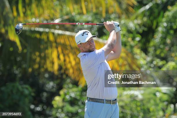 Brice Garnett of the United States plays his shot from the seventh tee during the final round of the Puerto Rico Open at Grand Reserve Golf Club on...