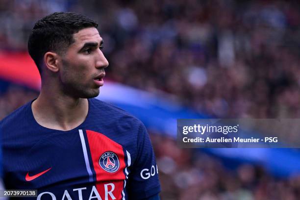 Achraf Hakimi of Paris Saint-Germain looks on during the Ligue 1 Uber Eats match between Paris Saint-Germain and Stade de Reims at Parc des Princes...