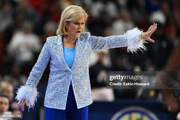 Head coach Kim Mulkey of the LSU Lady Tigers coaches against the South Carolina Gamecocks in the first quarter during the championship game of the...