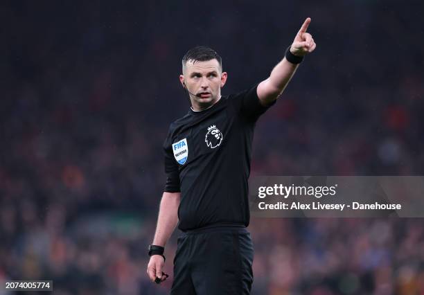 Referee Michael Oliver during the Premier League match between Liverpool FC and Manchester City at Anfield on March 10, 2024 in Liverpool, England.
