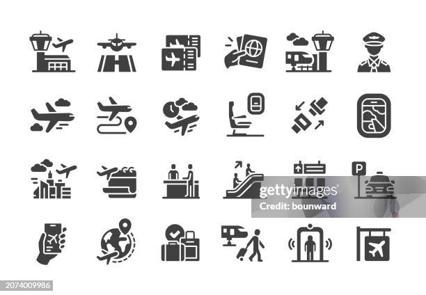 ilustraciones, imágenes clip art, dibujos animados e iconos de stock de iconos de aeropuertos. estilo relleno. - oficio de seguridad