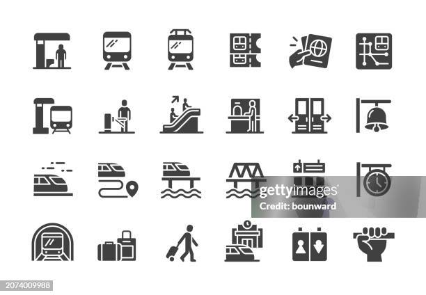 train station icons. filled style. - lightrail stock illustrations