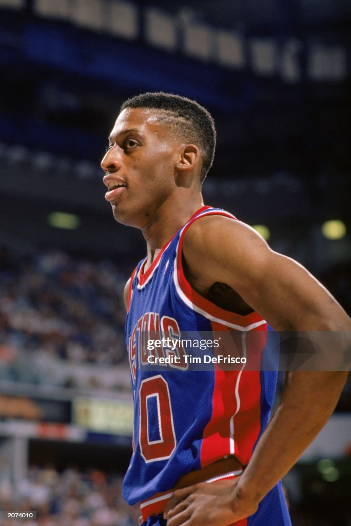 Detroit Rodman Dennis Rodman of the Detroit Pistons looks on during a game in the ...