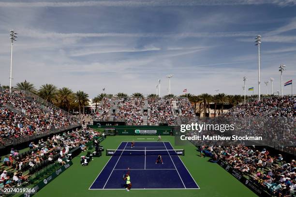 Coco Gauff and Jessica Pegula of the United States play Sofia Kenin and Bethanie Mattek-Sands of the United States during the BNP Paribas Open at...