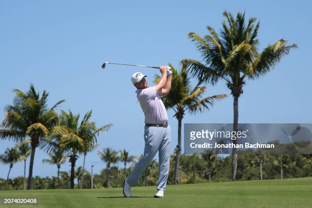 Brice Garnett of the United States plays a second shot on the second hole during the final round of the Puerto Rico Open at Grand Reserve Golf Club...