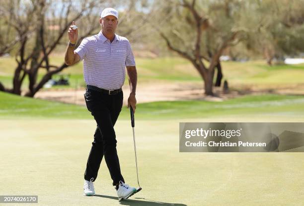 Stewart Cink of the United States reacts to a birdie putt on the first hole during the third round of the Cologuard Classic at La Poloma Country Club...