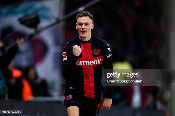 Florian Wirtz of Leverkusen celebrates after scoring his teams second goal during the Bundesliga match between Bayer 04 Leverkusen and VfL Wolfsburg...