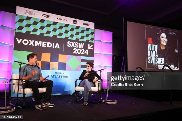 Mark Cuban and Kara Swisher at Vox Media Podcast Stage Presented by Atlassian at SXSW on March 10, 2024 in Austin, Texas.